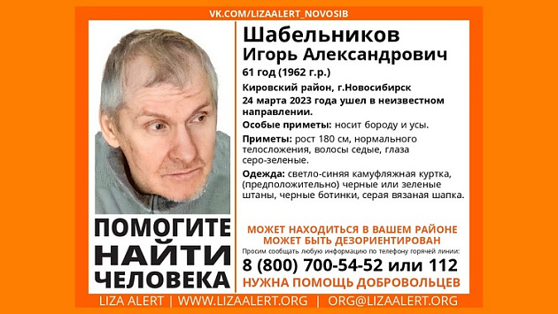 61-летний мужчина с усами и бородой без вести пропал в Новосибирске