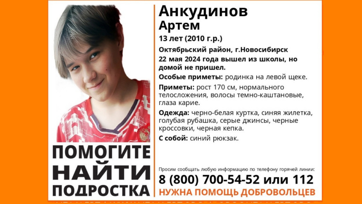 В Новосибирске без вести пропал 13-летний мальчик с родинкой на левой щеке