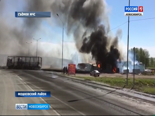 Семь автомобилей и кафе сгорели в крупном пожаре на трассе под Новосибирском   