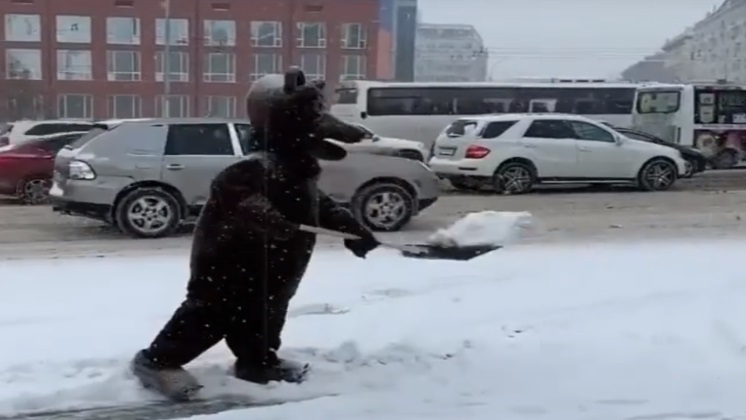 Новосибирец в костюме медведя  чистит снег на площади Ленина