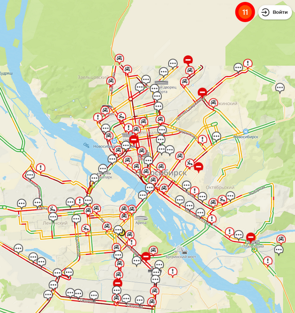 На карте отмечены участки дорог с затруднённым проездом