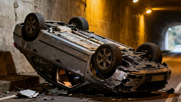 Водитель опрокинул автомобиль каршеринга на крышу в туннеле в Новосибирске