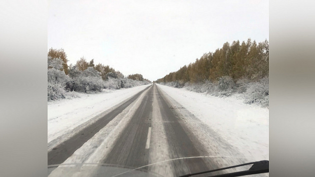 Автодорогу в Новосибирской области засыпало снегом 6 октября