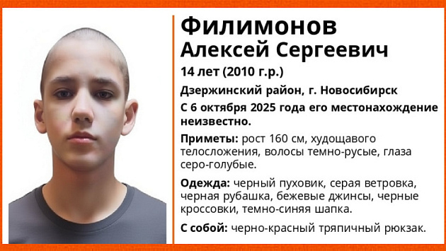 В Новосибирске без вести пропал 14-летний школьник с черно-красным рюкзаком
