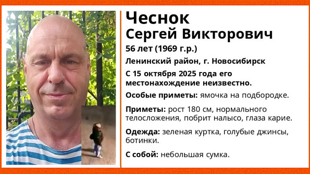 В Новосибирске без вести пропал 56-летний Чеснок в зелёной куртке