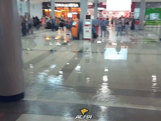  В аэропорту Толмачево ливнем прорвало крышу 