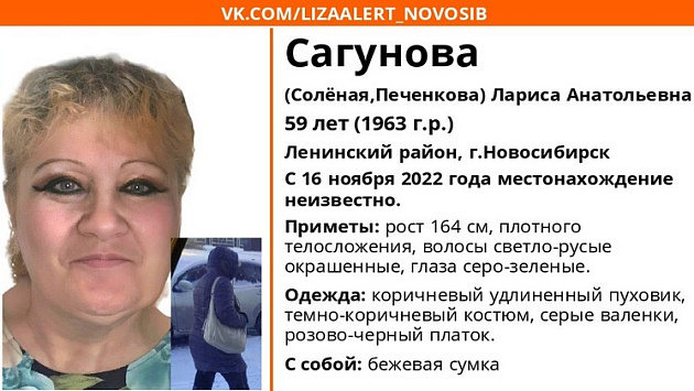 59-летняя женщина с бежевой сумкой без вести пропала в Новосибирске